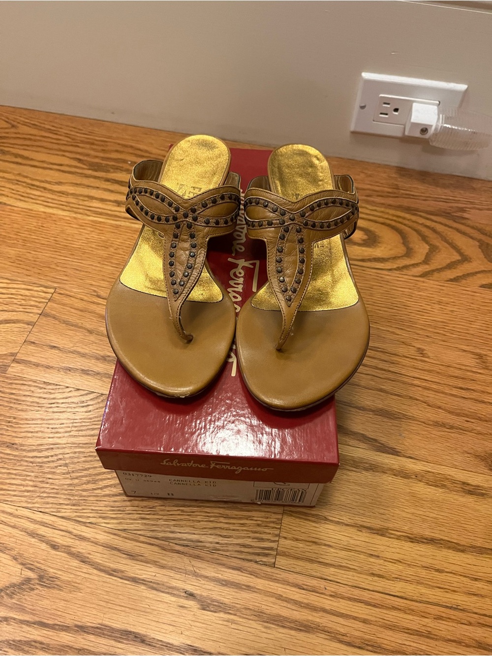 Salvatore Ferragamo Tan Leather T-Strap Studded Sandals WITH BOX